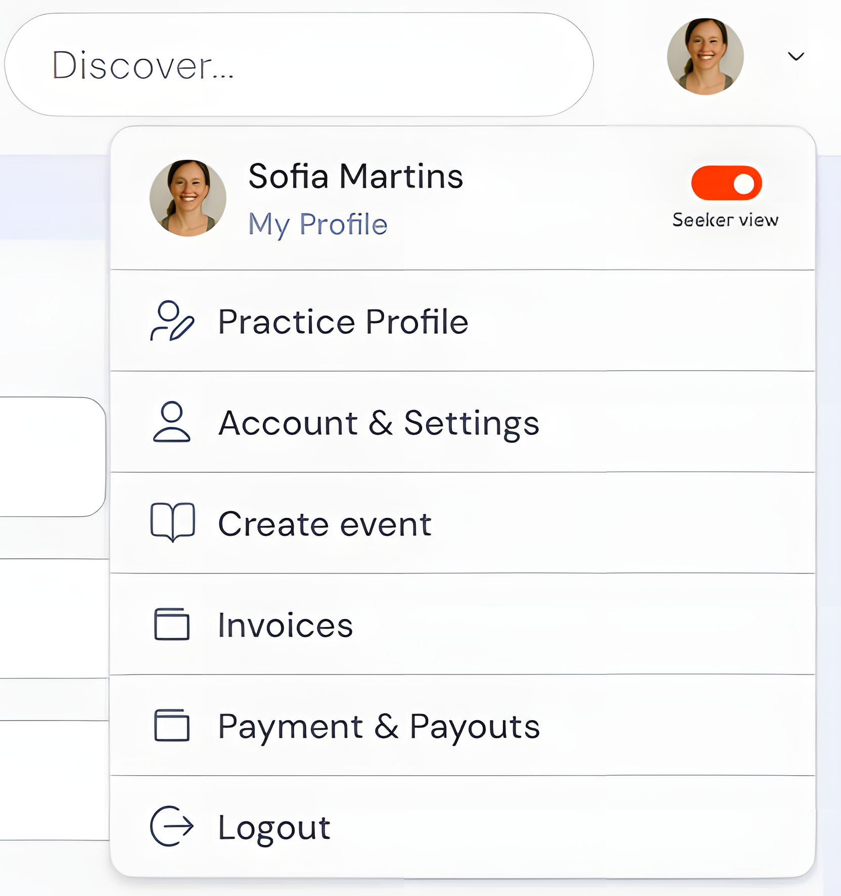 Profile menu: My Profile, Practice Profile and settings