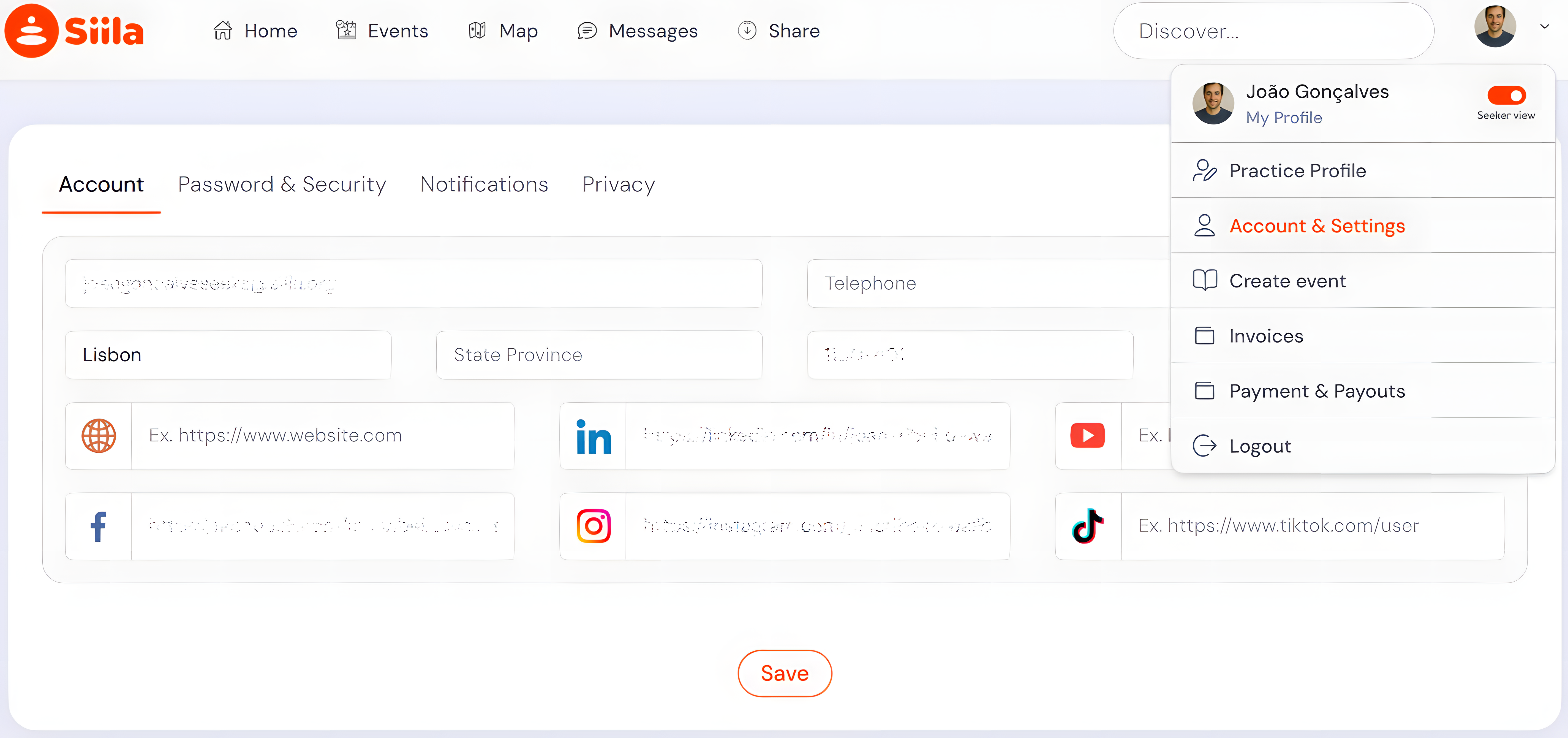 Account & Settings: Account tab with contact and social links