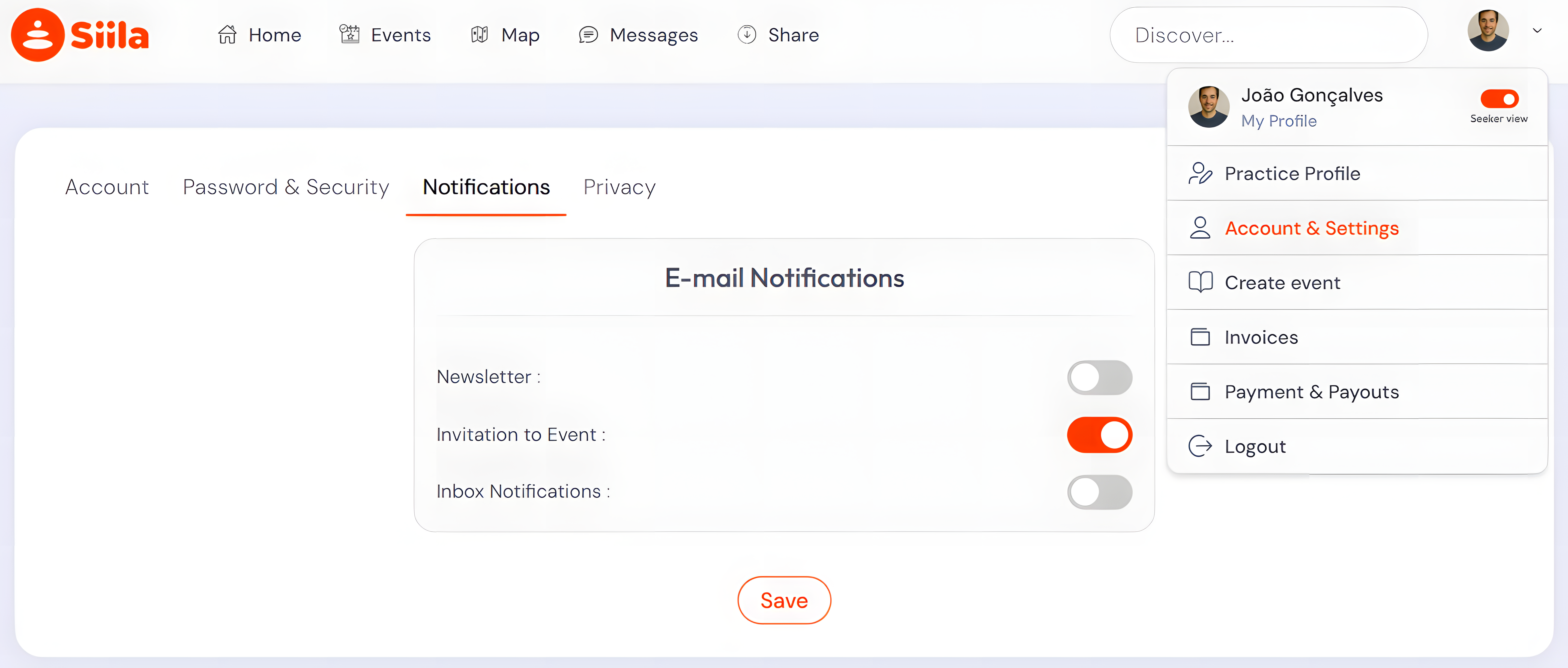 Notifications: email notification toggles