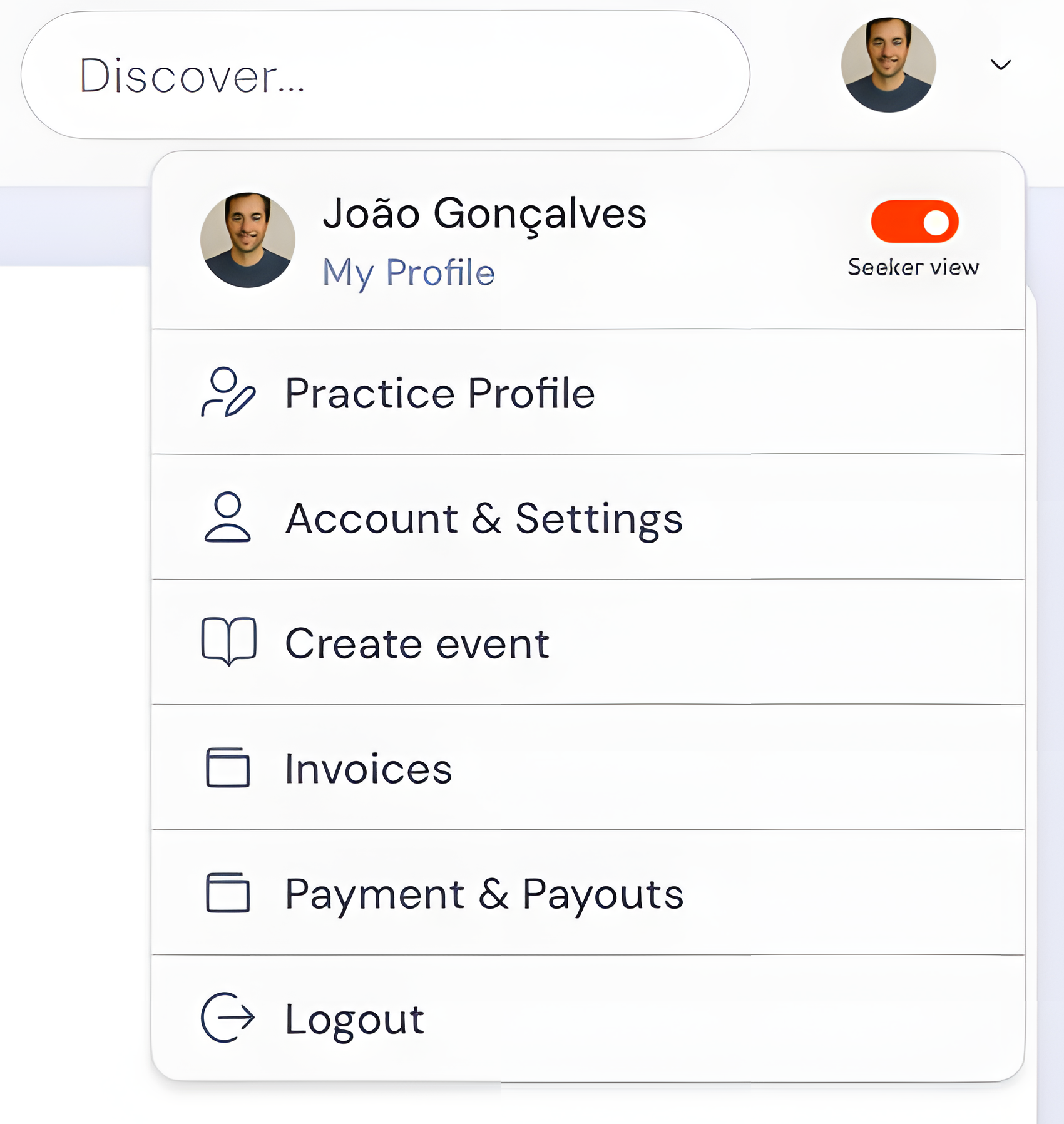 Profile menu in the top navigation: My Profile, Practice Profile and settings