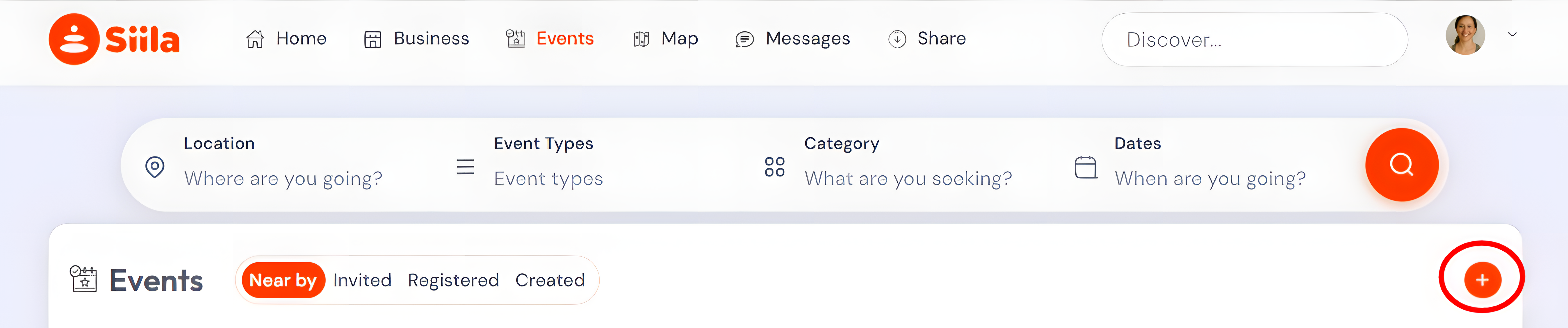 Events page highlighting the plus button to create a new event