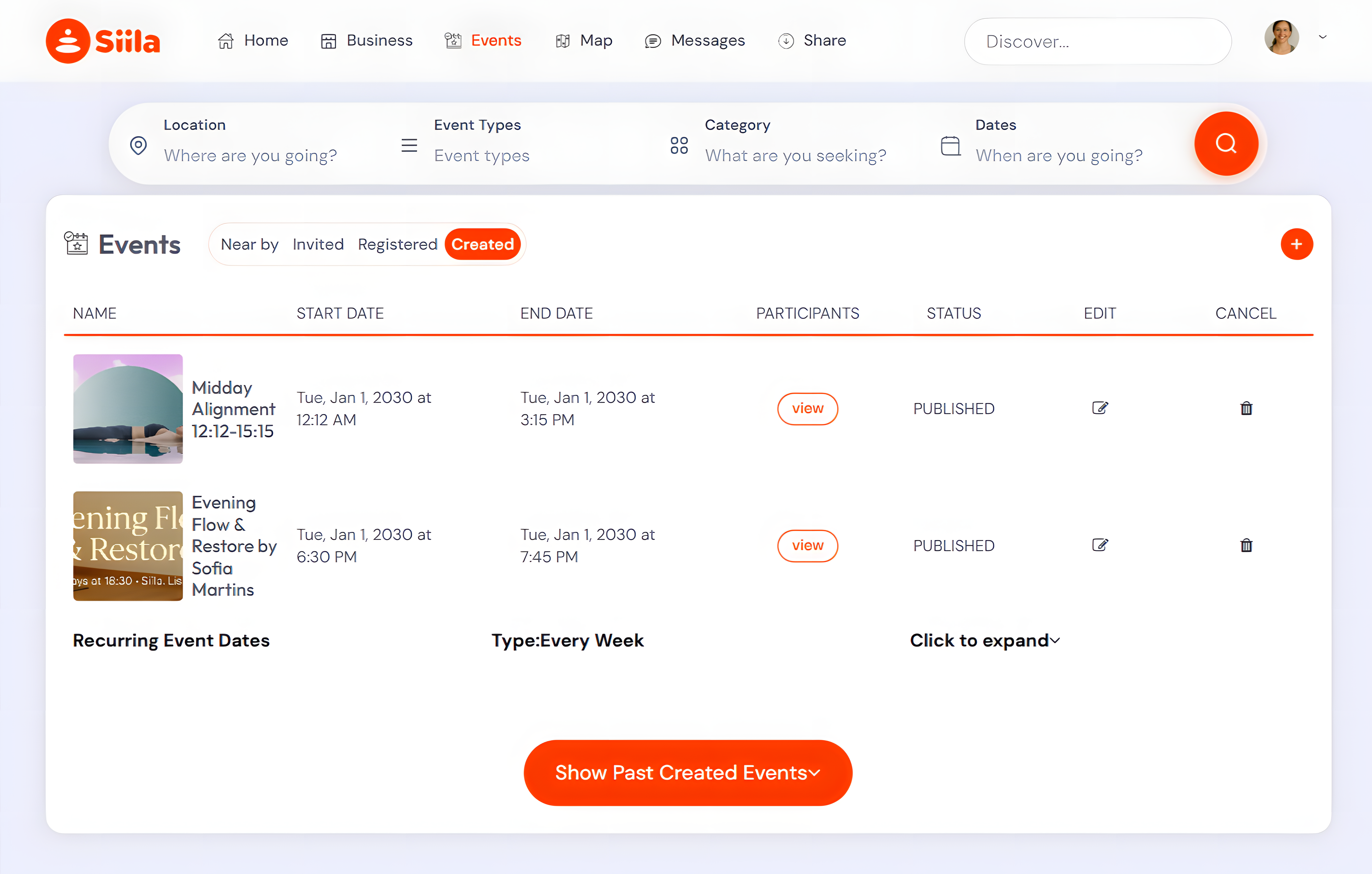 Created events: manage, edit and cancel professional events