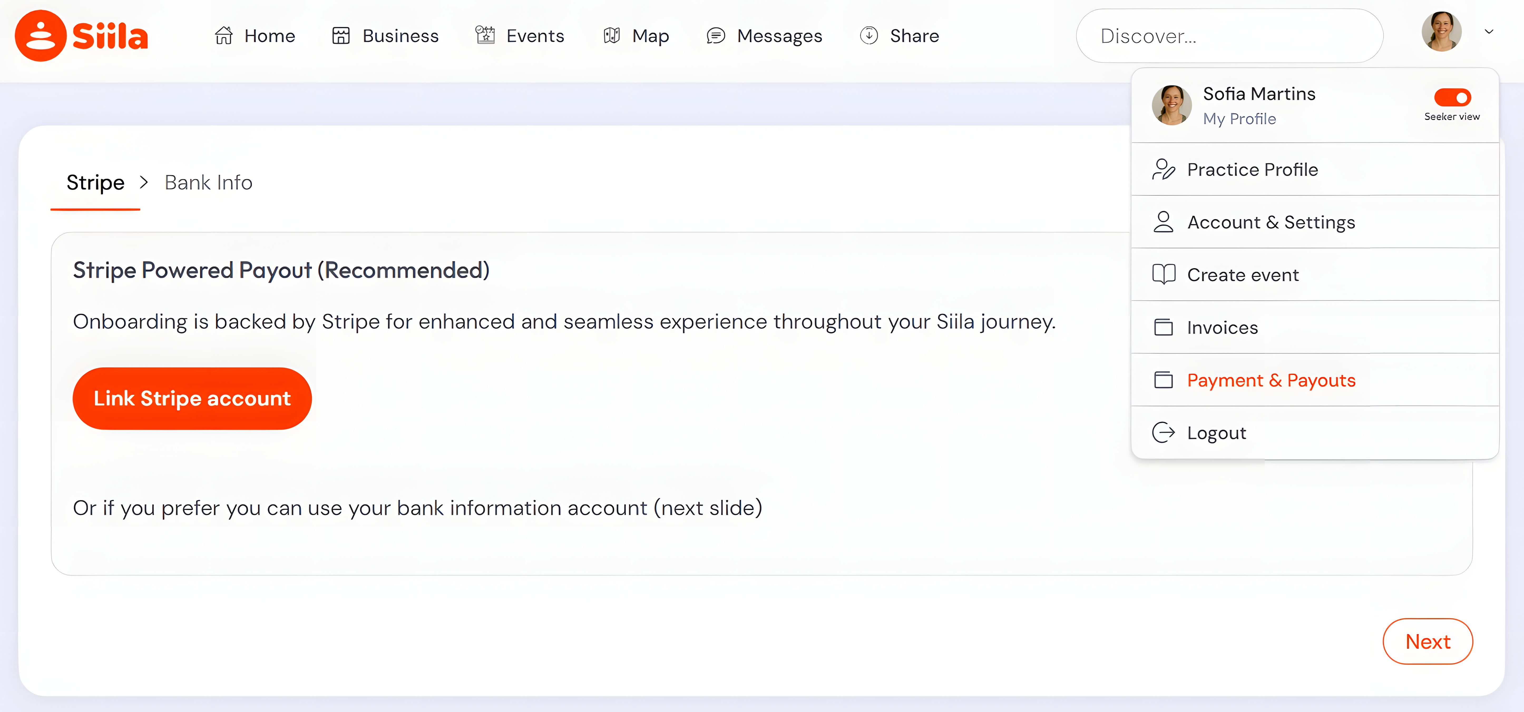 Payment & Payouts: link Stripe account for professional payouts