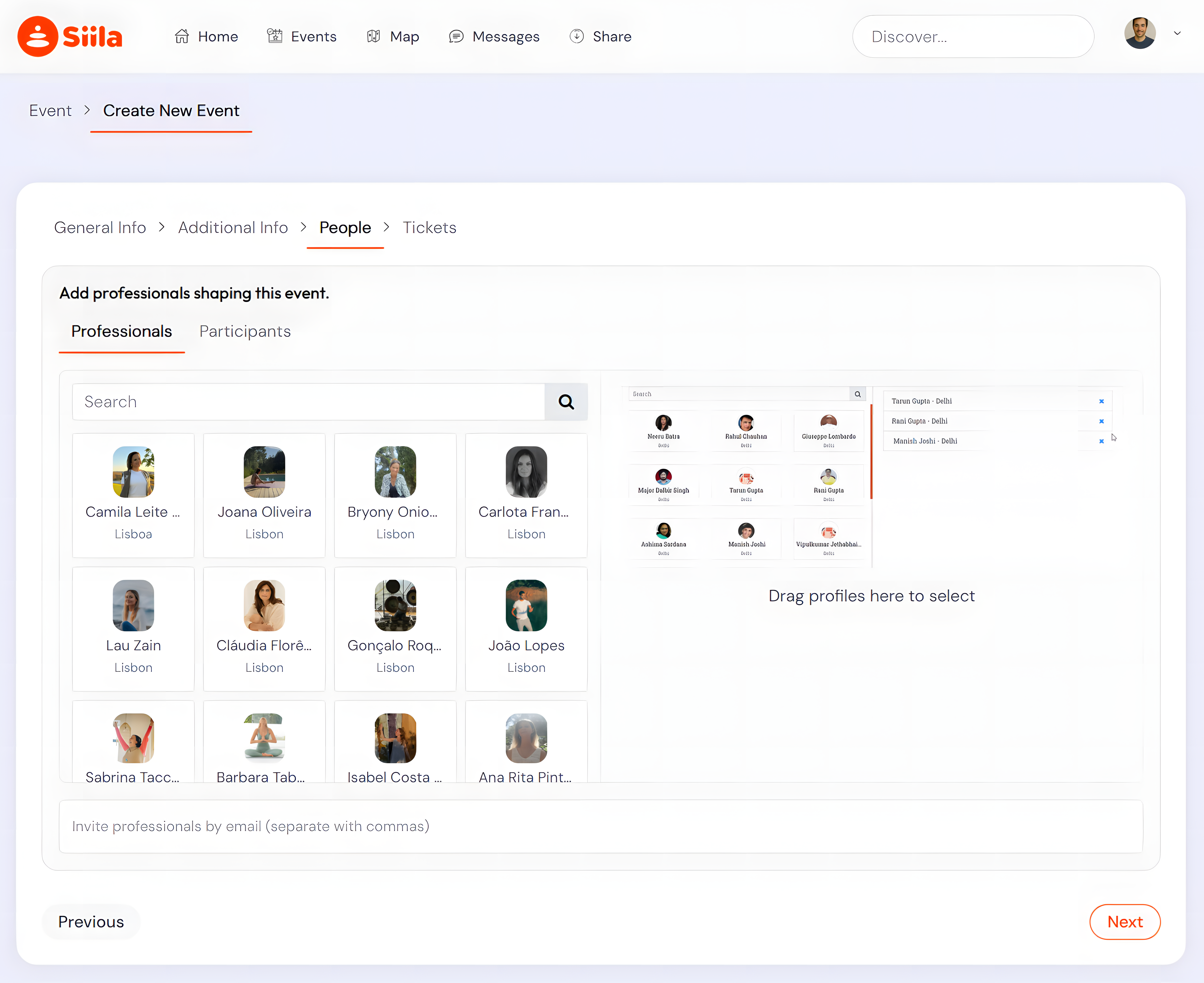 Create New Event: People step – add professionals and participants