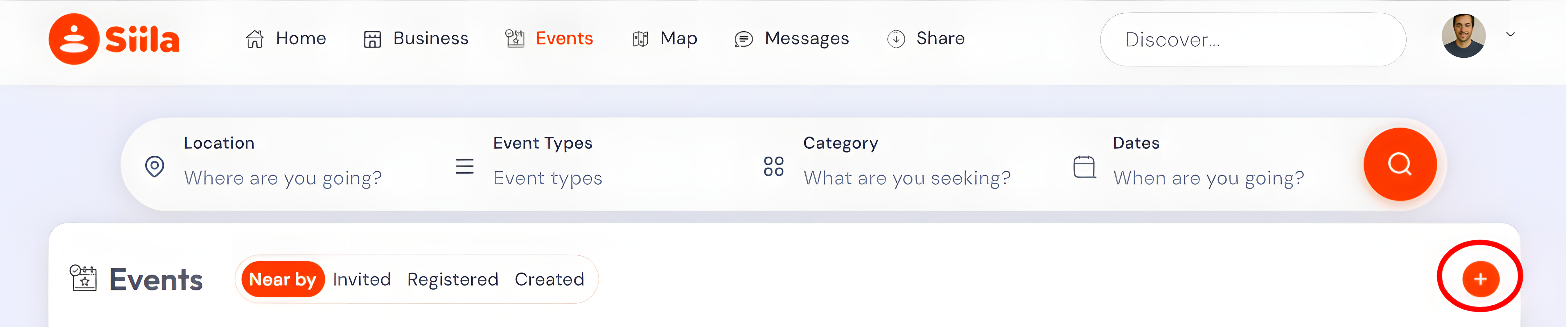 Events page highlighting the plus button to create a new event