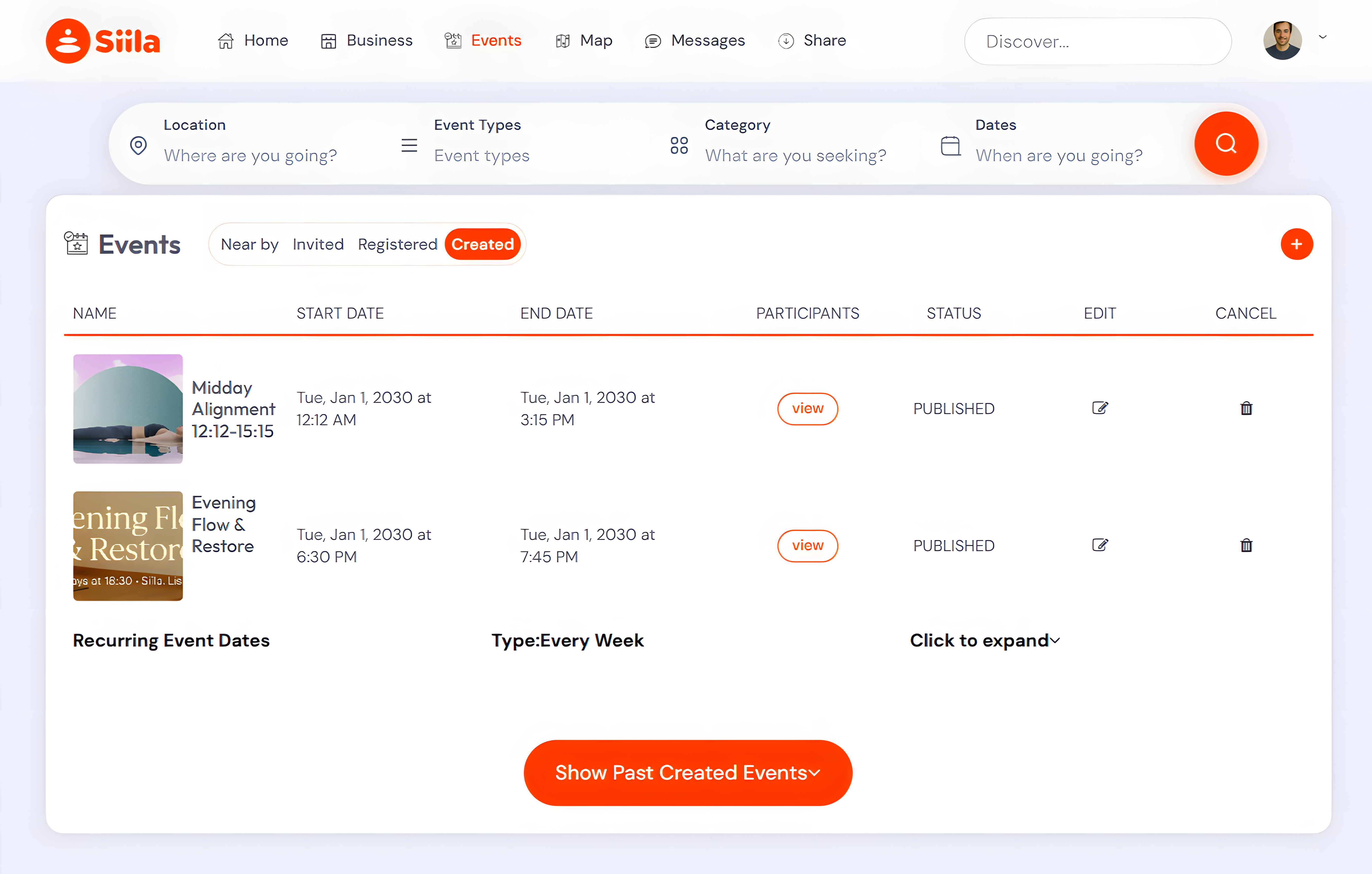 Events page: Invited, Registered and Created tabs