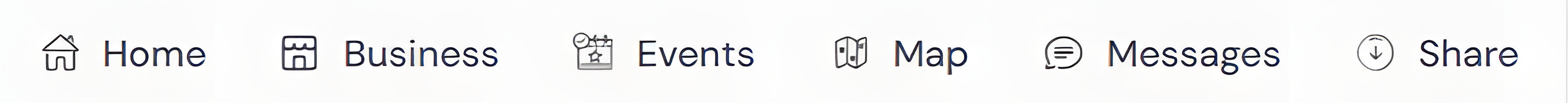 Siila professional navigation: Home, Business, Events, Map, Messages and Share