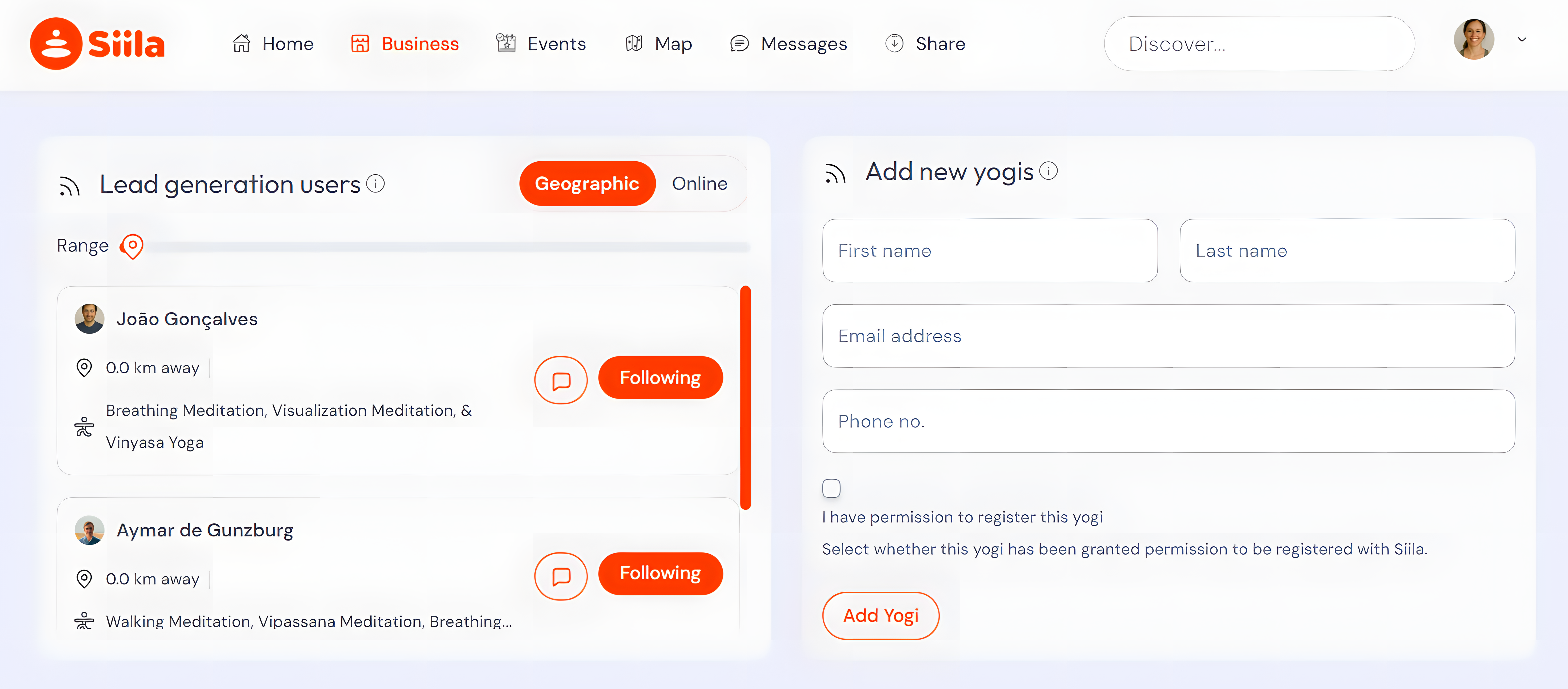 Business: lead generation and add new yogis