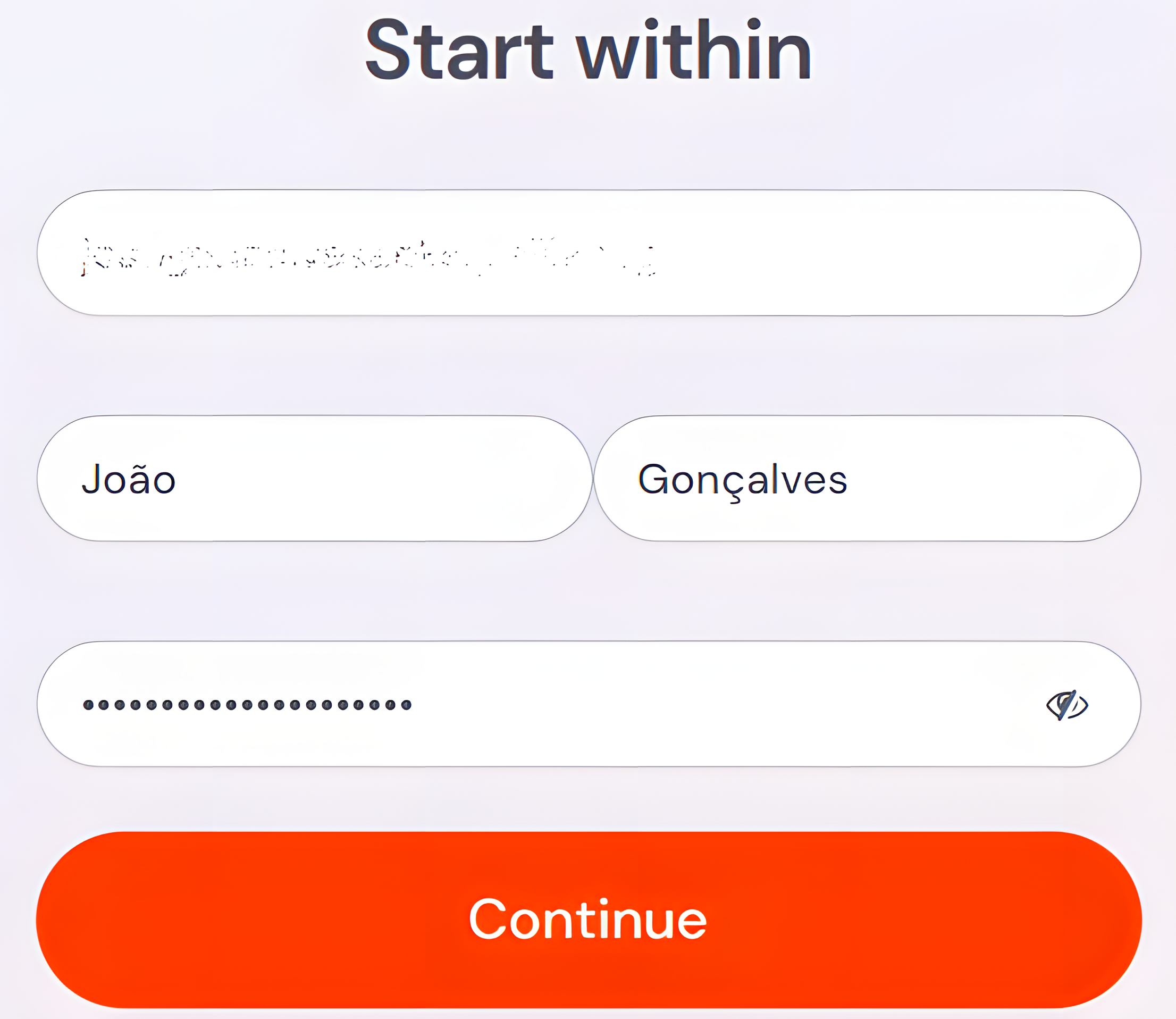 Registration form with name, email and password fields