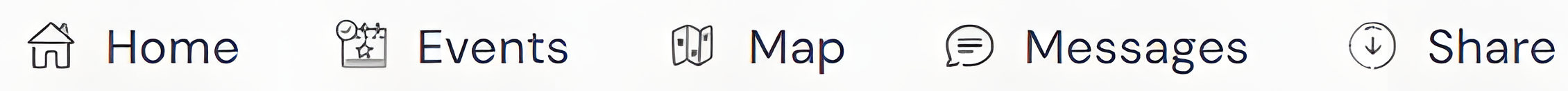 Siila navigation bar: Home, Events, Map, Messages and Share