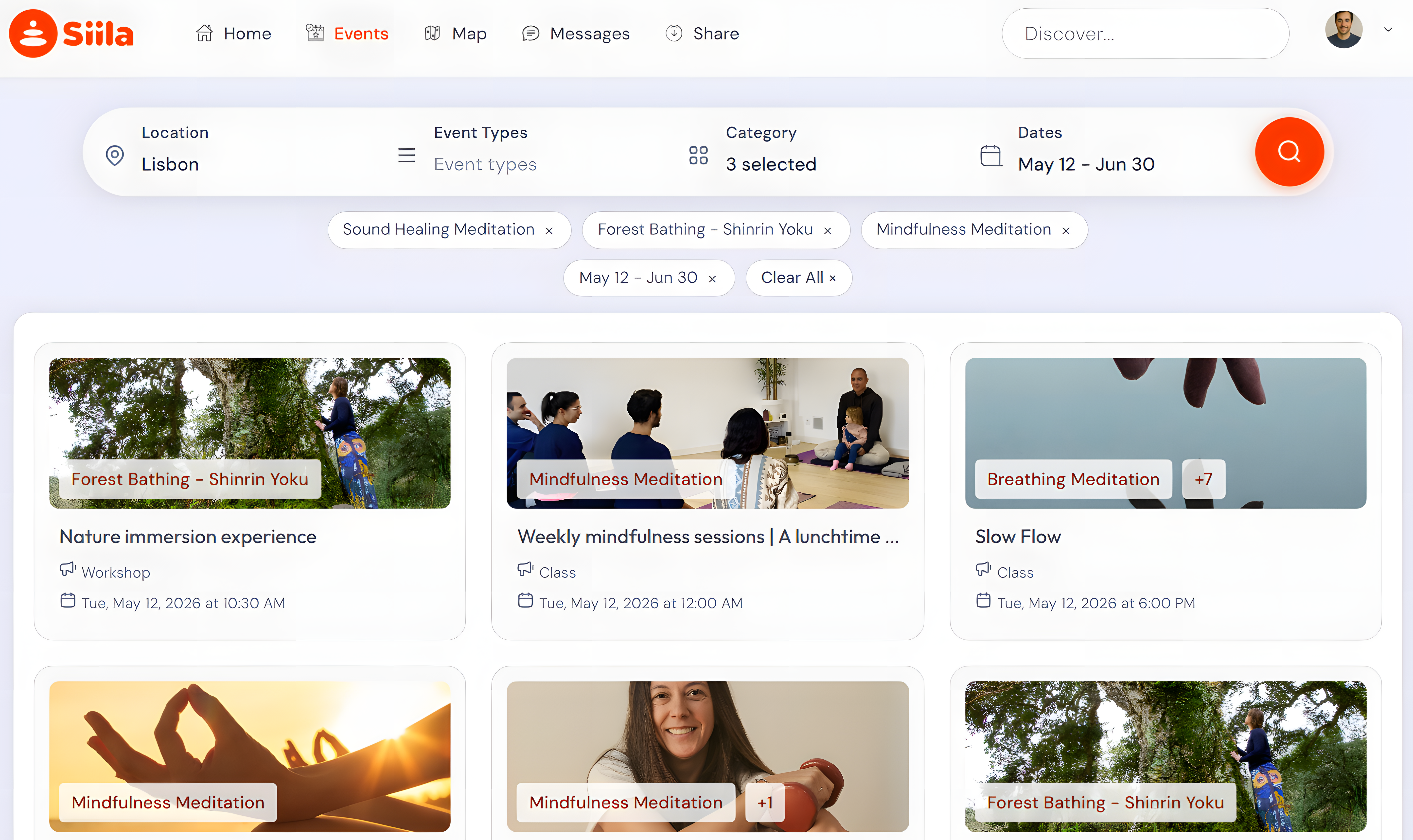 Events section: discovering and organising wellbeing experiences